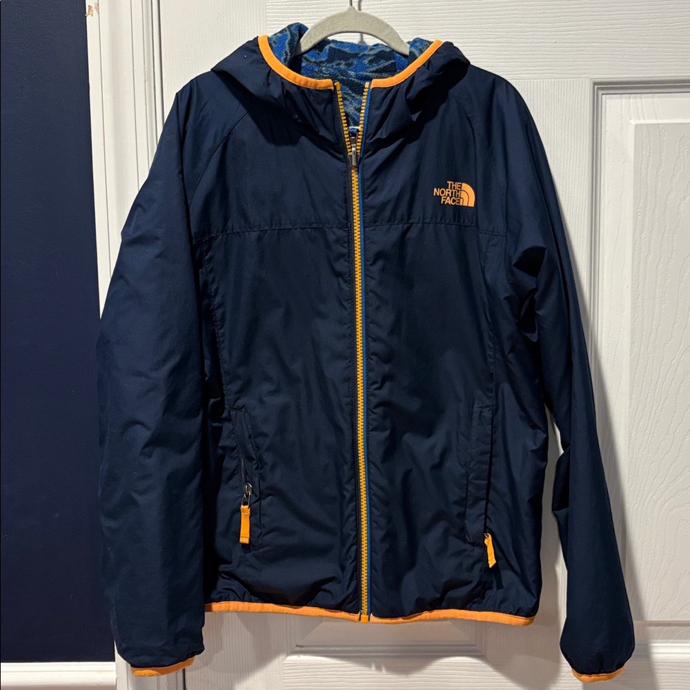 The North Face Kids Reversible Navy and Orange Patterned Hoodie